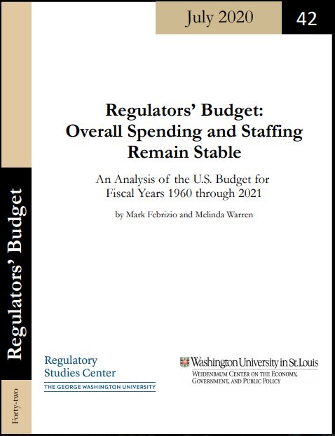 Cover of the Regulators' Budget report which was published in October 2019. Regulators' Budget: Homeland Security Remains Key Administration Priority -- An Analysis of the U.S. Budget for Fiscal Years 1960 to 2020 by Mark Febrizio, Melinda Warren, and Susan Dudley. Published by the Regulatory Studies Center and the Weidenbaum Center.