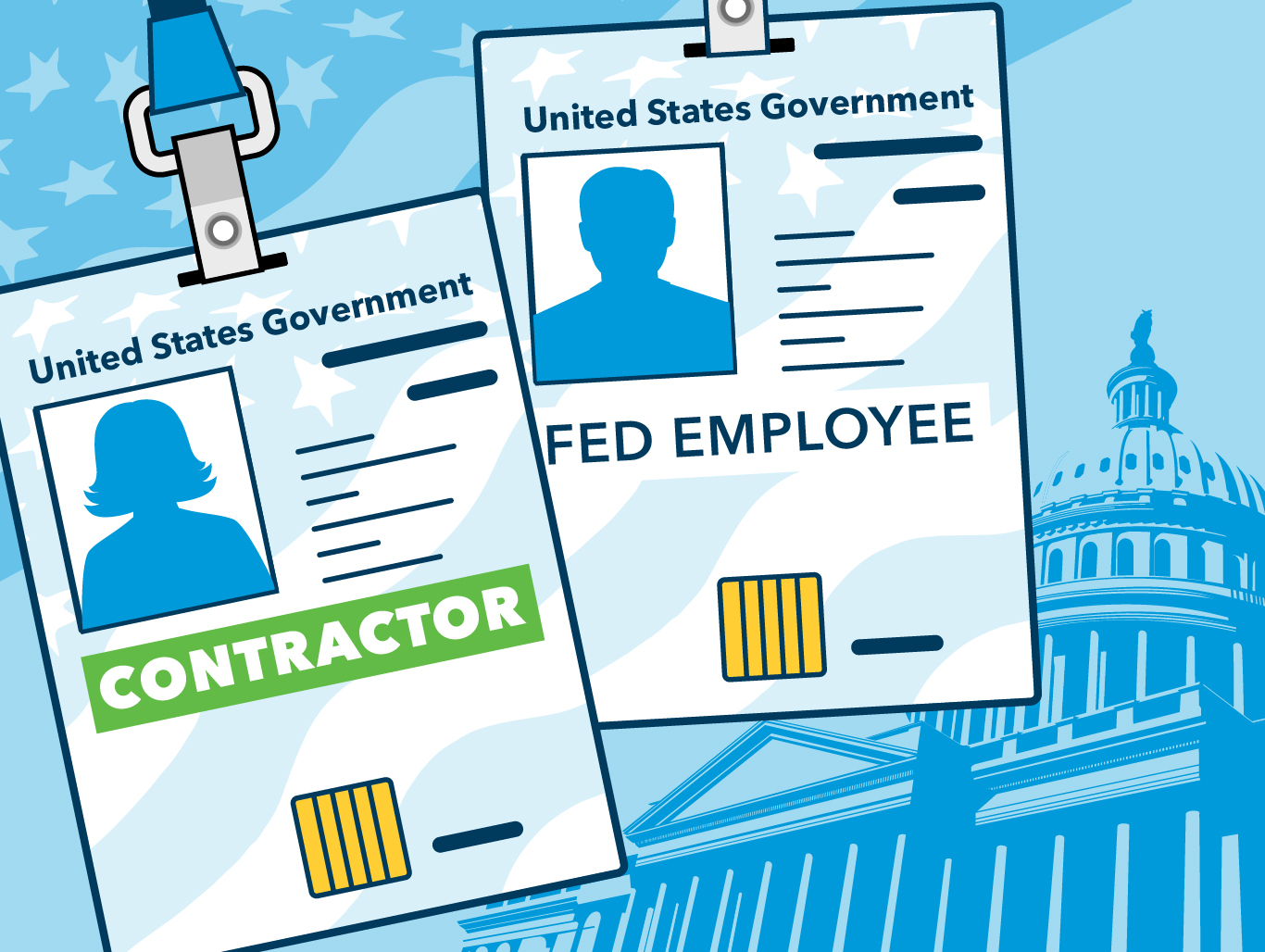 Illustration of two ID badges, one for a contractor and one for a federal employee