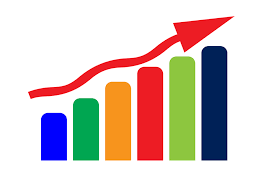 Generic bar chart with bars growing in size from left to right with a red arrow above the bars pointing in an upward trajectory.