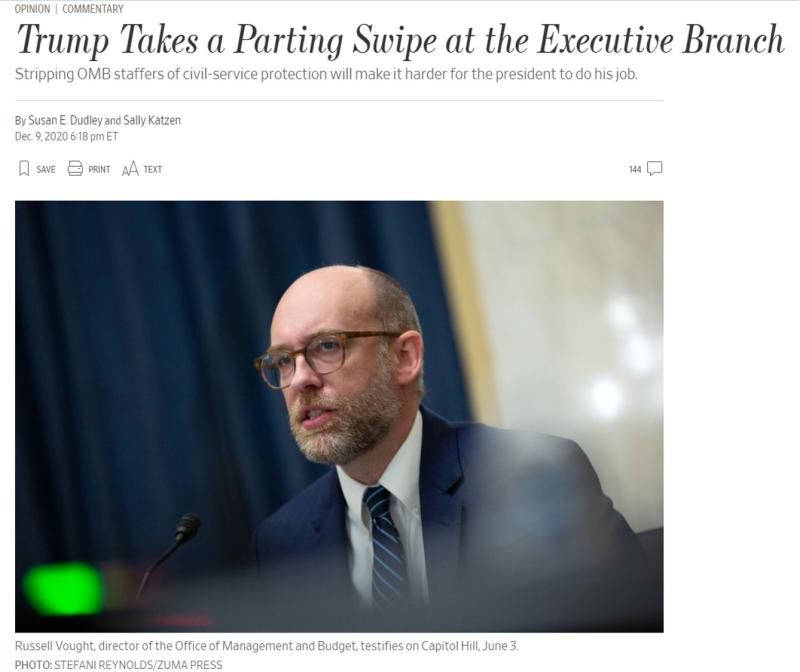 Screenshot of Wall Street Journal op-ed: Trump Takes a Parting Swipe at the Executive Branch.