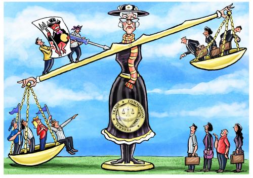 Political cartoon that shows the trade commission as a scale balancing different groups of people