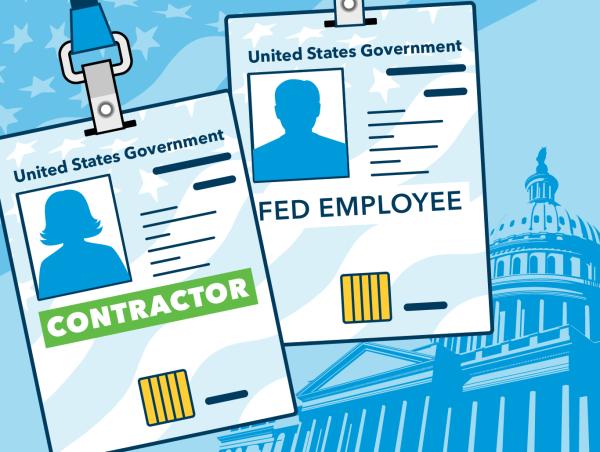Illustration of two ID badges, one for a contractor and one for a federal employee