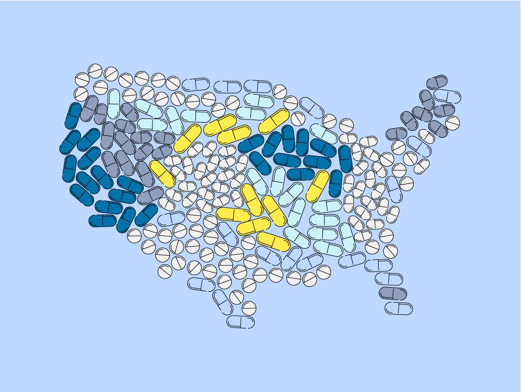 Illustration of the United States using pharmaceutical pills
