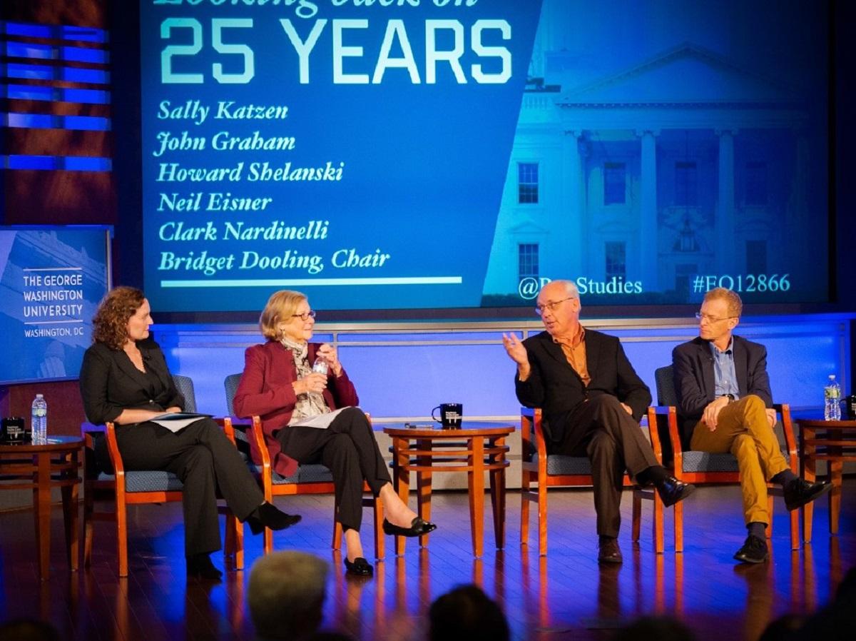 Panel One participants on stage in the Jack Morton Auditorium.